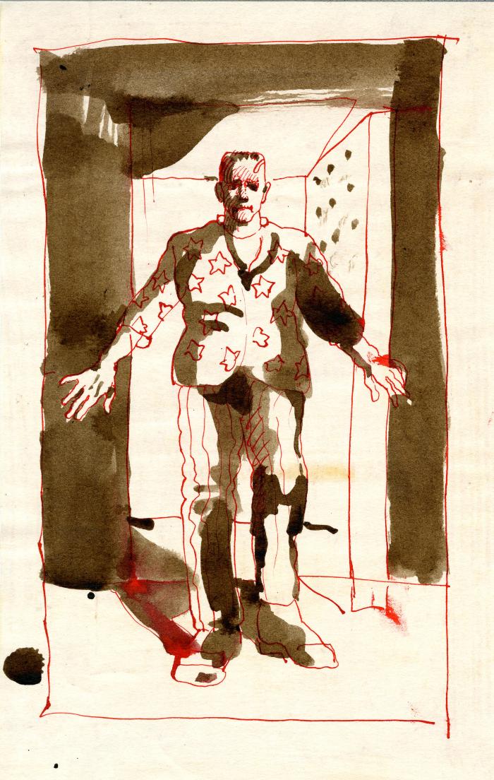Original Art depicts: Brown ink wash drawing of Frankenstein's monster entering through a door. His suit is covered with red stars.