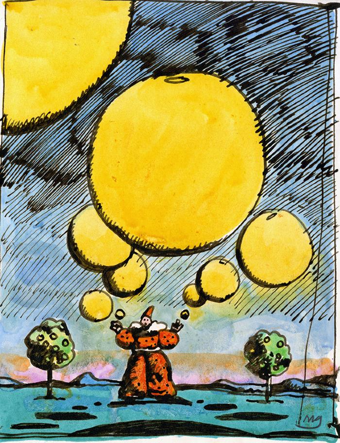 Original Art depicts: Clown juggling giant grapefruits in a landscape