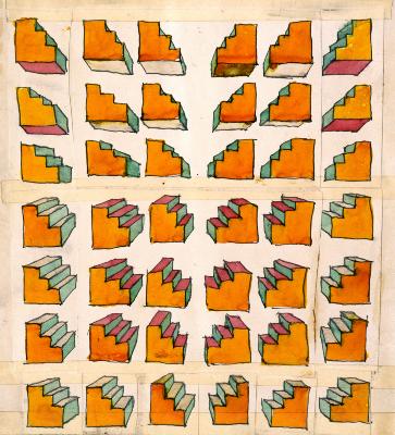 Original Art depicts: pen and ink and colored inks of three-dimensional stairstep shapes arranged in three columns of seven units each