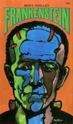 Book Covers depicts: Portrait of the face of Frankenstein's monster in green, blue and plum.