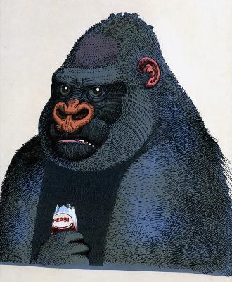 Original Art depicts: Drawing of a bluish gray gorilla holding a broken Pepsi bottle
