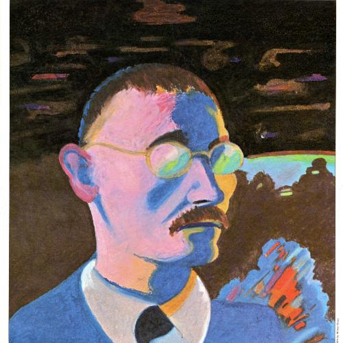 Calendars depicts: Portrait of Hermann Hesse in glasses in blue, pink, and purple pastels. He's in front of a streaky brown sky.