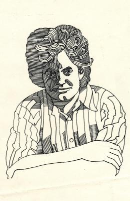 Original Art depicts: Pen and ink portrait of Harry Chapin facing forward with his arms crossed wearing a button down shirt