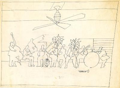 Original Art depicts: pen and ink drawing of band members in outline sitting and playing in a room with a ceiling fan