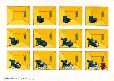 Original Art depicts: twelve boxes each containing a yellow room, a comfy chair and newspaper in various stages of being read
