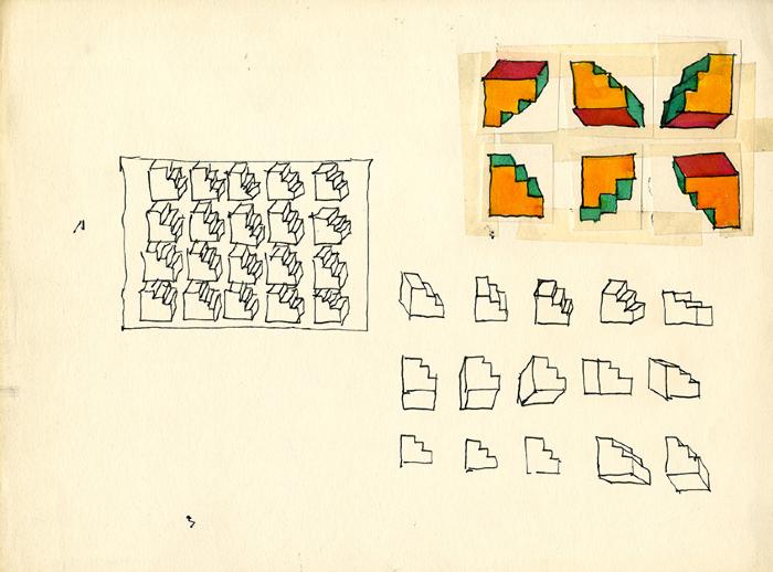 Original Art depicts: pen and colored inks sketches of stairstep shapes