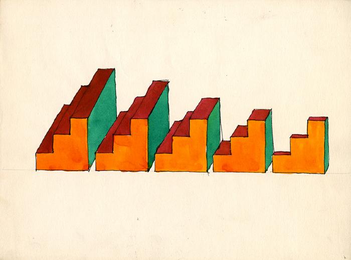 Original Art depicts: Sketch of mini gold stair steps with red and green coloring