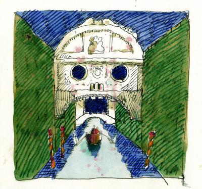Booklet/Brochure, Original Art depicts: Pen and ink and colored inks and dyes sketch of the Bridge of Sighs in Venice with a gondola passing underneath