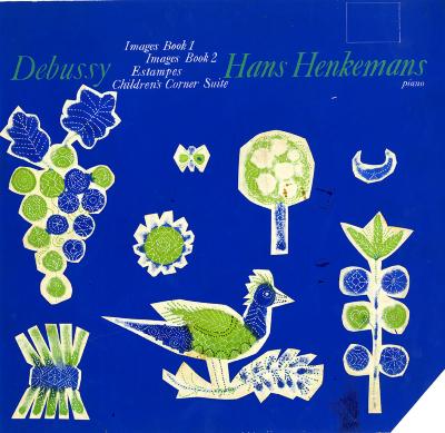 Original Art depicts: cut paper collage of a bird, grapes, trees, sun and moon on a blue background