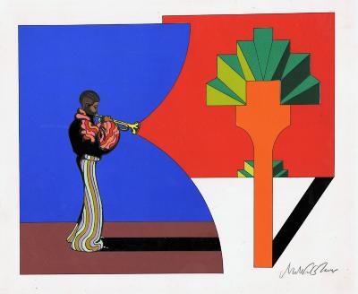 Original Art depicts: Hugh Masekela in striped pants playing the trumpet. A colorful geometric tree emanates from the trumpet
