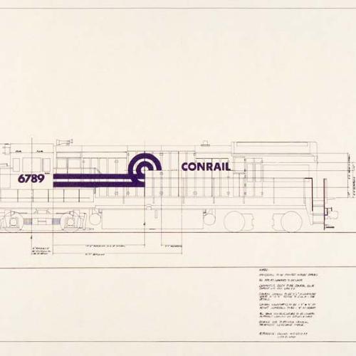 Logos and identities depicts: Technical drawing of conrail box car