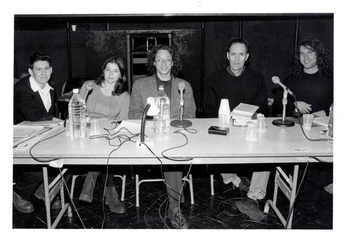 Photographic Materials depicts: panel discussion participants  ((l to r) Collier Schorr, Ashley King,  Barry Schwabsky, William Anastasi, Kenneth Goldsmith)