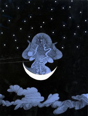 Original Art depicts: Elaborate pen and ink drawing of a woman in a headdress and gown standing on a crescent mood, floating above the clouds. The sky is dotted with stars.