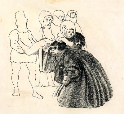 Original Art depicts: monk in dark glasses bowing, surrounded by figure outlines 