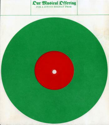 Cards depicts: red circle of flexi disk seen through the circular cut-out of a larger green circle on a record sleeve