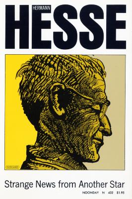 Book Covers depicts: Pen and ink portrait of Hermann Hesse iin profile looking down and wearing glasses on a yellow backgroundn 