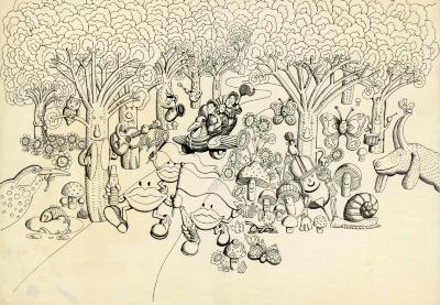Original Art depicts: psychedelic pen and ink drawing of dancing lips holding soda bottles on a forest path. Behind them are three people in a car shaped liked a bird. The trees are playing instruments.