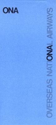 Booklet/Brochure depicts: Blue brochure with "ONA" printed across the top and "Overseas National Airways" printed on the right side 