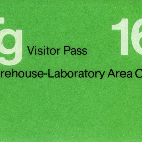 "Tg Visitor Pass 16 Warehouse-Laboratory Area Only" printed on a green slip of paper