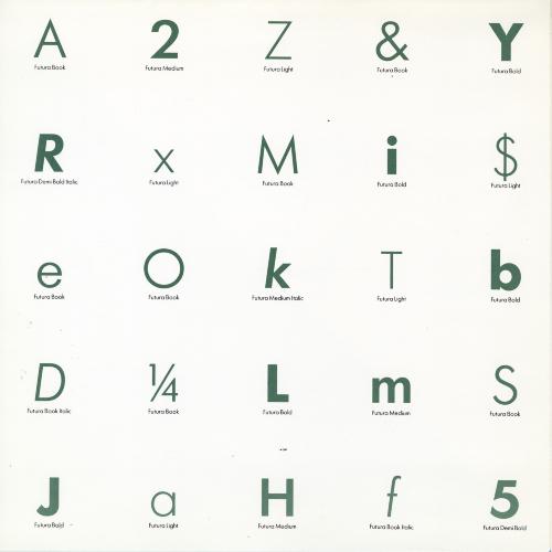 Graphic Standards Manuals, Logos and identities depicts: Various numbers and letters in a grid written in various fonts 