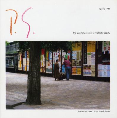 Posters depicts: Two older people push a cart of some sort in front of store front windows covered in posters 