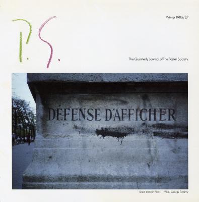 Posters depicts: A stone base of some sort with "Defense D'afficher" etched into it, above the image "P.S." is written in green and pink crayon 
