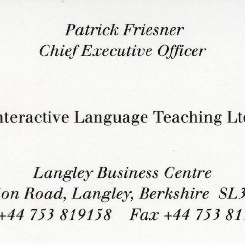 Letterheads/Stationery depicts: Business card that has has two minimal illustrated orange heads speak towards each other, in between them it says "interactive Language Teaching LTD" 