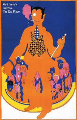 Posters depicts: A minimalist orange illustration of the devil holding a cane, smoking, and wearing a monocle, stands in front of a crowd of surprised looking faces 