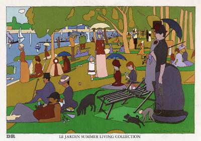 Posters depicts: drawing based on Georges Seurat's painting of people relaxing on an island on a summer day. The figures are composed of outlines only.