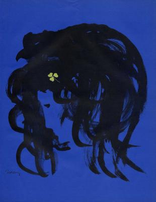 Serial Publications depicts: A messy ink painting of a woman with messy hair, a three leafed clover sits on her hair 