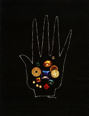 Serial Publications depicts: A line illustration of an open hand, images of jewels are collaged into the palm 