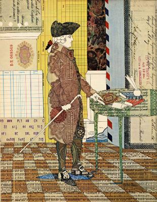 Serial Publications depicts: Collage illustration of a man in a powdered wig pointing to a book on a table, the patterns of everything in the image are created using collage materials, money, grid paper, etc