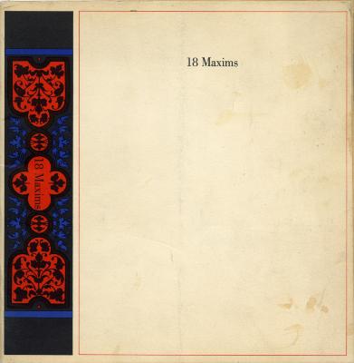 Serial Publications depicts: 18 Maxims cover with ornate edge decoration with black leaves and curlicues on red and blue.