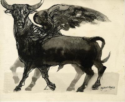 Original Art depicts: Winged bull drawn in black ink