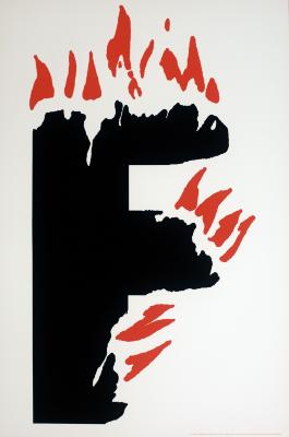 Posters depicts: A giant black letter "F" with pieces burned out and tendrils of fire coming out on top of a white background.