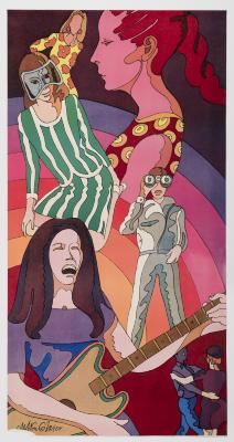 Posters depicts: Dynamic, psychedelic figures in front of a rainbow including a woman playing a guitar and and a women wearing a diving mask. 