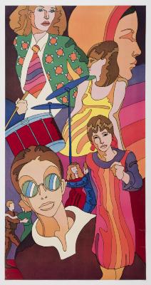 Posters depicts: Psychedelic style women in colorful clothes in dynamic poses against a rainbow background
