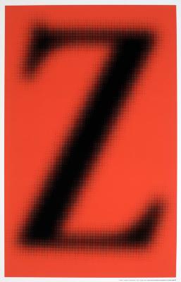 Posters depicts: Giant black letter "Z" with dots tapering off making it look blurry against a light pink background.