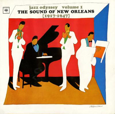 Album Covers depicts: Four jazz musicians in white and black suits, rendered in minimal detail and bright colors.