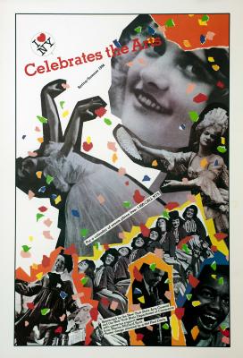 Posters depicts: Various happy and smiling people collaged together with confetti collaged overtop 