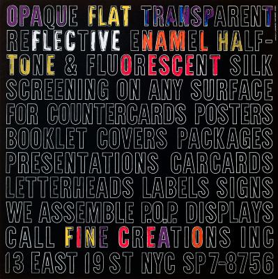 Posters depicts: Descriptions of various printing services in white outline all-cap letters on black background, some of the letters are colored in messily in neon marker.