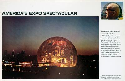 Posters depicts: A large photograph of the US Pavilion, featuring a geodesic dome, with a small portrait of Buckminster Fuller in profile haloed by the dome behind him.