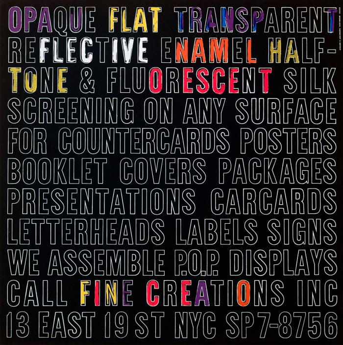 Posters depicts: Descriptions of various printing services in white outline all-cap letters on black background, some of the letters are colored in messily in neon marker.
