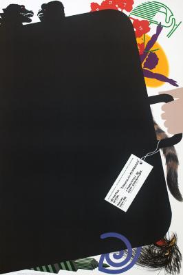 Posters depicts: An artist portfolio with various objects (Godzilla, animal tail, Time Warner logo, rooster head, etc.) peeking out of the sides