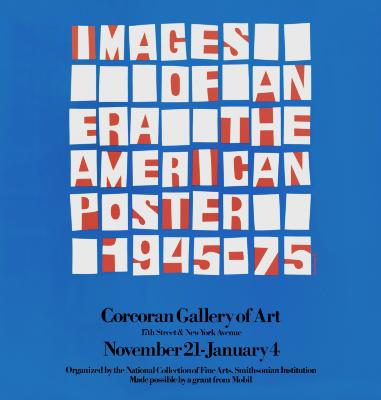Posters depicts: Blue poster with a grid of poster-like white rectangles, some of which have red shapes such that they make letters spelling out the title of the exhibition.