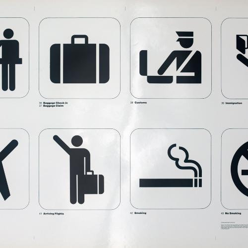 Posters depicts: two by four grid of transportation symbols: ticket purchase, baggage check-in/claim, customs, immigration, departing flights, arriving flights, smoking, no smoking