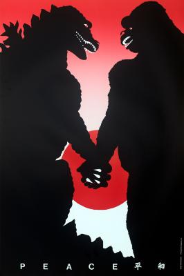 Posters depicts: silhouettes of godzilla and king kong holding hands, the word 'peace' printed at the bottom