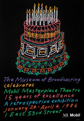 Posters depicts: Black poster with a colorful line drawing of a three layer birthday cake