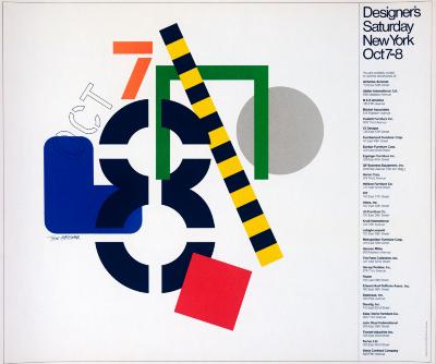 Posters depicts: Abstract colored shapes, "OCT 7-8" in stencil typeface, with Tom Geismar's signature.