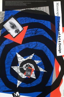 Posters depicts: A photograph of a persons eyes looking toward a photograph of the museum on a map of Minnesota with Minneapolis and St. Paul at the center of a large black spiral